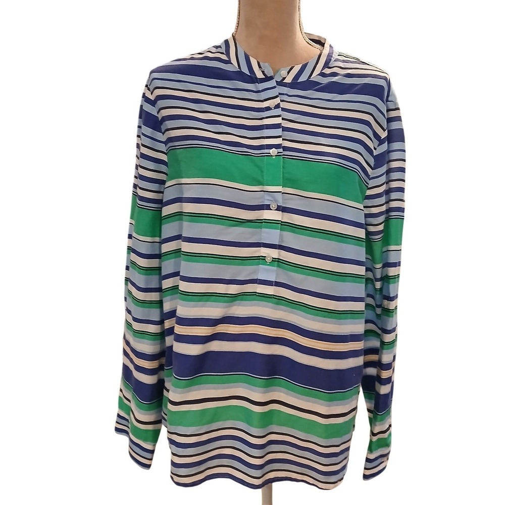 Talbots Striped Button Neck Shirt Womens XL Long Sleeve Blouse Lightweight Green